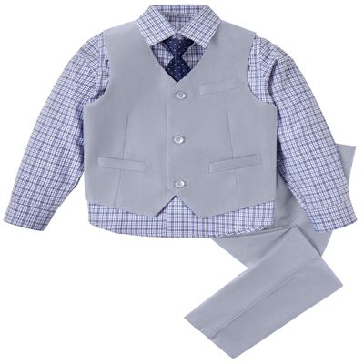 SaiLiiny Boys 4-Piece Suit Vest Set with Dress Shirt and Pants, Adjustable Waist, Boy Suit Size 2 Light Gray