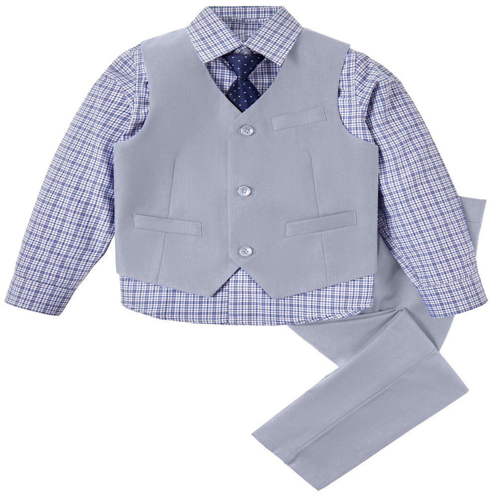 SaiLiiny Boys 4-Piece Suit Vest Set with Dress Shirt and Pants, Adjustable Waist, Boy Suit Size 2 Light Gray