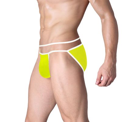 SUMABA Men's Sexy Briefs String Waist Exotic Cut Out Bikini Briefs Low Rise Thin Breathable Mesh Underwear Lightweight Yellow Panties for Male xxxl 3xl