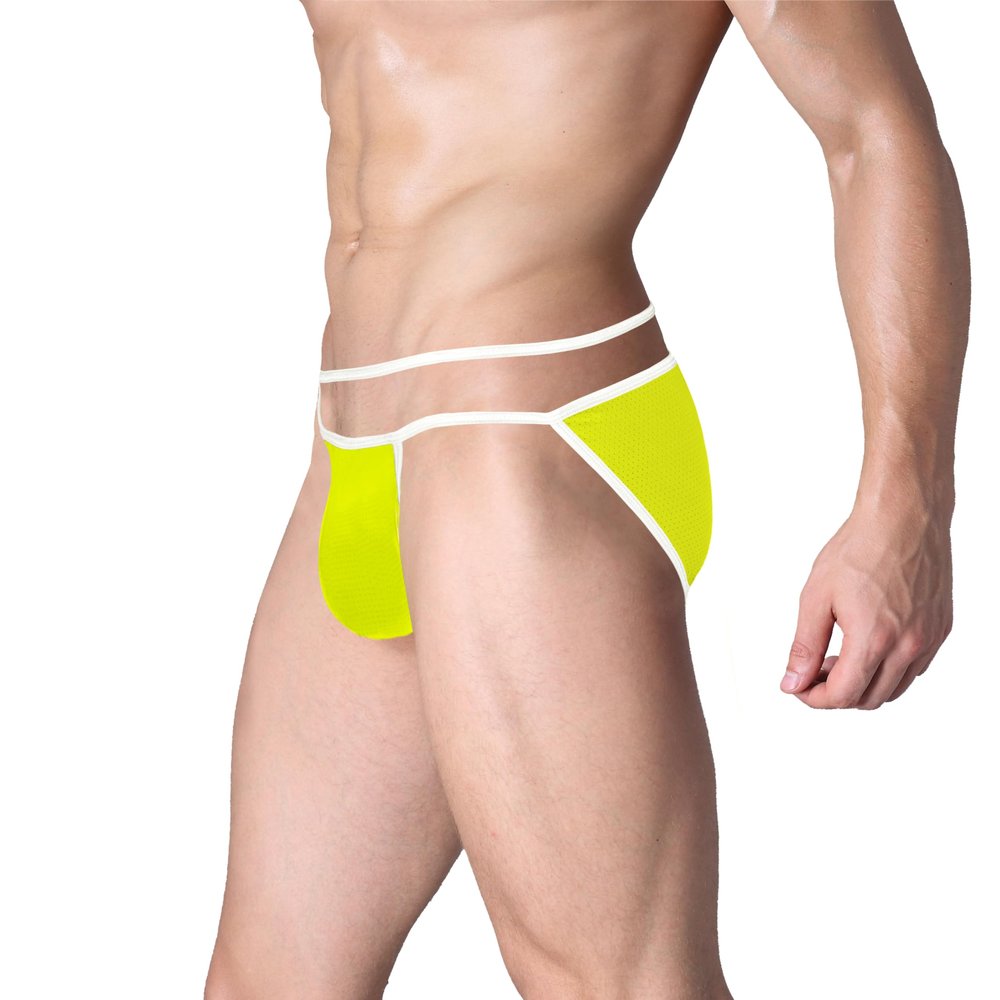SUMABA Men's Sexy Briefs String Waist Exotic Cut Out Bikini Briefs Low Rise Thin Breathable Mesh Underwear Lightweight Yellow Panties for Male xxxl 3xl