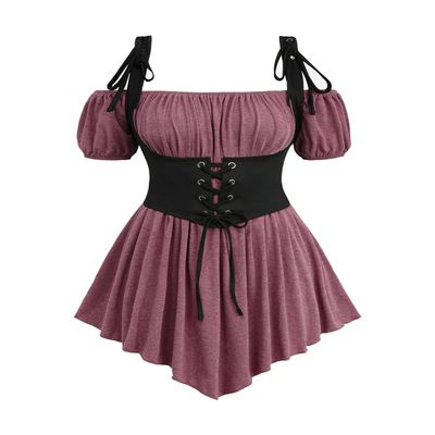 Rosegal Women Plus Size Gothic Off The Shoulder Top Set Lacee-up Medieval Renaissance Underbust Corset Top Renaissance Costume Tunic Top(Red_1/M)
