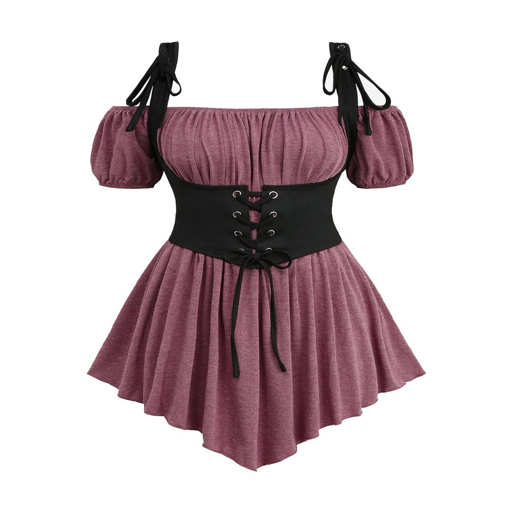 Rosegal Women Plus Size Gothic Off The Shoulder Top Set Lacee-up Medieval Renaissance Underbust Corset Top Renaissance Costume Tunic Top(Red_1/M)