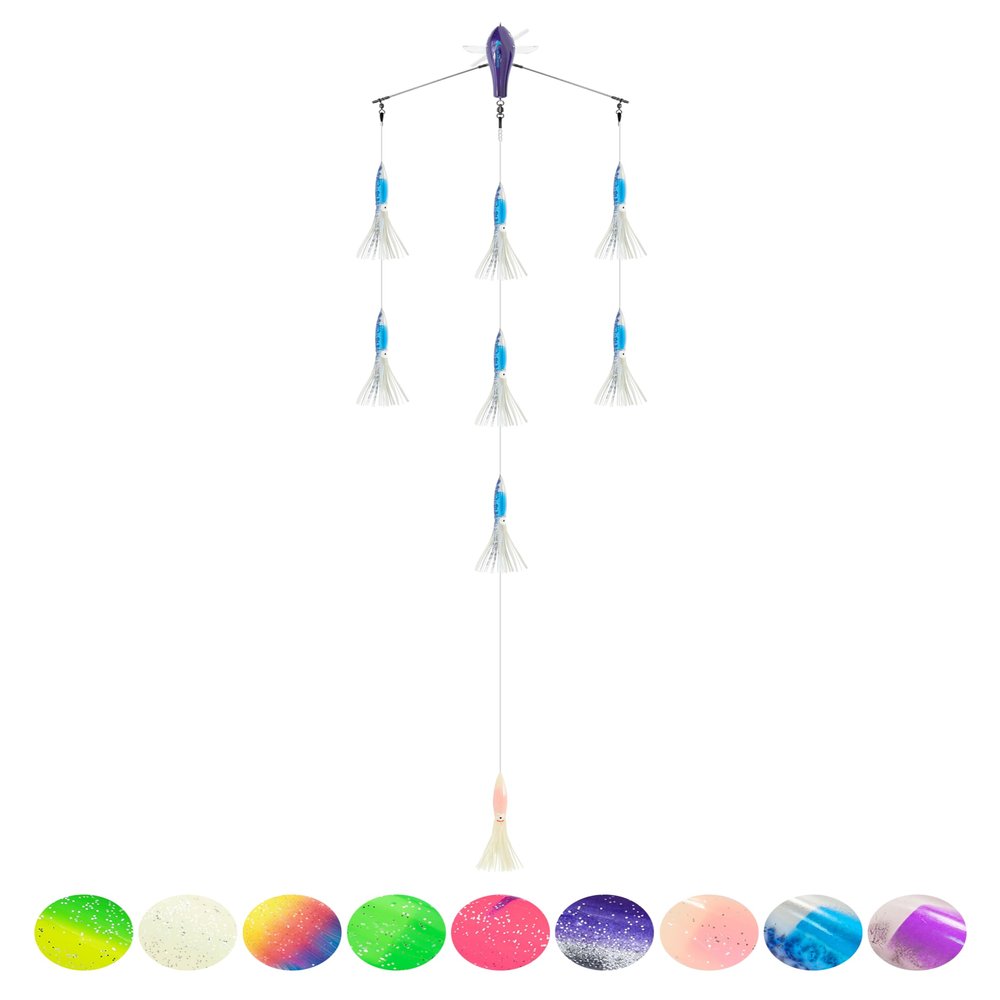 BLUEWING 18" Upgraded Fishing Spreader Bar Starboard Walker Offshore Trolling Spreader Bar with 6" Bulb Squids and 316 Stainless Steel Rod for Wahoo Tuna Marlin Mahi Mahi, Crystal Blue