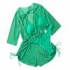 3 Piece Bikini Sets for Women,2024 Summer Sexy Halter Tie Triangle Bikini Set Two Piece Bathing Suit,Trendy Sheer Mesh Long Sleeve Drawstring Cover Up Romper Beach Vacation Wear(Green,X-Large) view 3