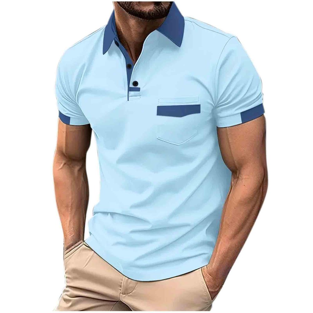 amazon deals Mens Shirts Casual Stylish Button Down Short Sleeve Polo Shirt Summer Vacation Shirts Loose Athletic Pullover Tee mens t shirts Light Blue XL