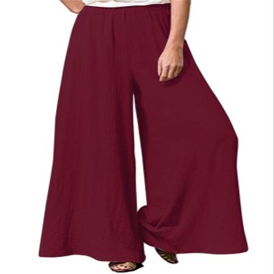 Hisanny Womens Plus Size Linen Pants Wide Leg Palazzo Trousers High Elastic Waist Flowy Culottes with Pockets Wine Red Large