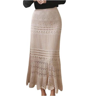 Generic Women's High Waist Crochet Skirt Summer Beach Hollow Out Knit Patterned Lace Skirt Plus Size Stretch Bodycon Maxi Skirt Khaki, XX-Large
