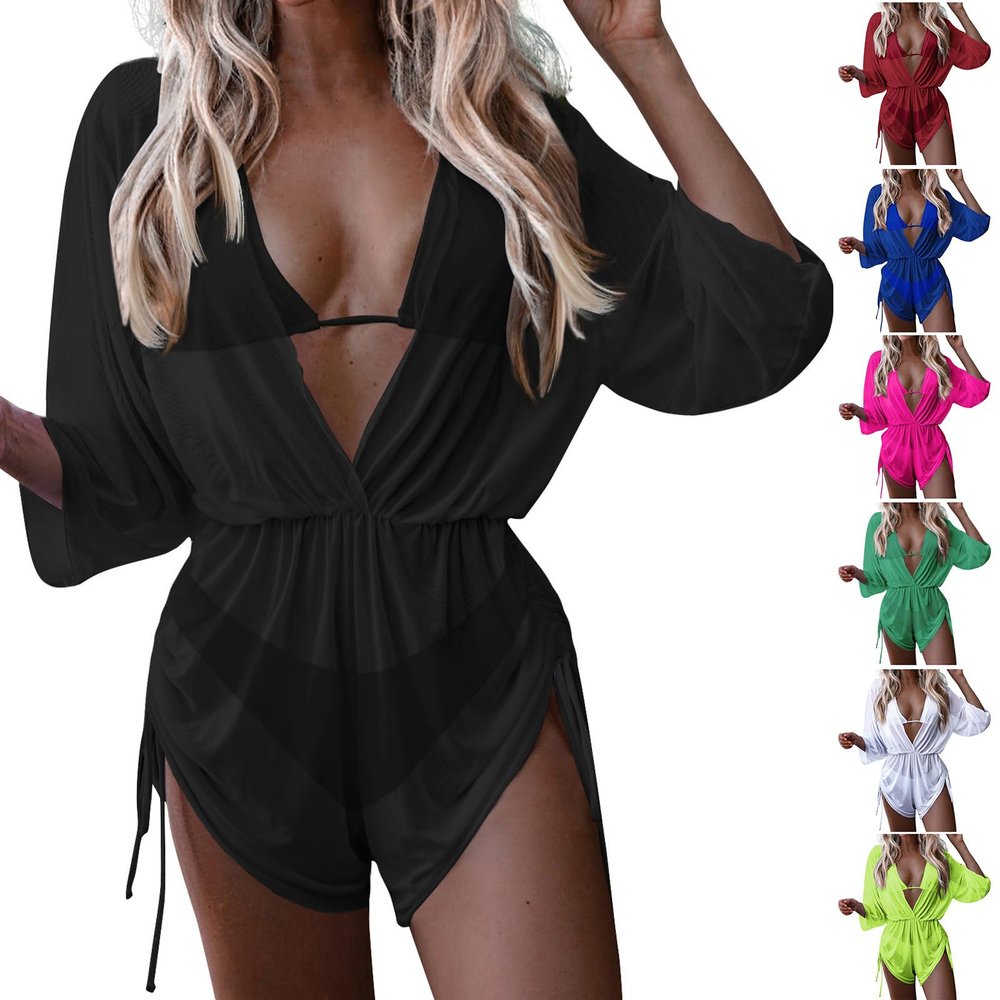 3 Piece Swimsuits for Women,2024 Summer Sexy Halter Lace Up Two Piece Triangle Bikini Set,Trendy Drawstring Sheer Mesh Long Sleeve Short Cover Up Romper Bathing Suit Beach Outfits(Black,X-Large)