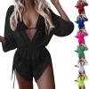 3 Piece Swimsuits for Women,2024 Summer Sexy Halter Lace Up Two Piece Triangle Bikini Set,Trendy Drawstring Sheer Mesh Long Sleeve Short Cover Up Romper Bathing Suit Beach Outfits(Black,X-Large) view 1