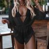 3 Piece Swimsuits for Women,2024 Summer Sexy Halter Lace Up Two Piece Triangle Bikini Set,Trendy Drawstring Sheer Mesh Long Sleeve Short Cover Up Romper Bathing Suit Beach Outfits(Black,X-Large) view 2