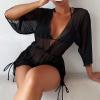 3 Piece Swimsuits for Women,2024 Summer Sexy Halter Lace Up Two Piece Triangle Bikini Set,Trendy Drawstring Sheer Mesh Long Sleeve Short Cover Up Romper Bathing Suit Beach Outfits(Black,X-Large) view 3