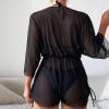 3 Piece Swimsuits for Women,2024 Summer Sexy Halter Lace Up Two Piece Triangle Bikini Set,Trendy Drawstring Sheer Mesh Long Sleeve Short Cover Up Romper Bathing Suit Beach Outfits(Black,X-Large) view 4