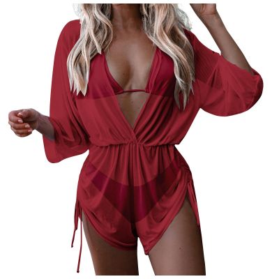 3 Piece Swimsuits for Women,2024 Summer Sexy Halter Lace Up Two Piece Triangle Bikini Set,Trendy Drawstring Sheer Mesh Long Sleeve Short Cover Up Romper Bathing Suit Beach Outfits(Deep Red,X-Large)