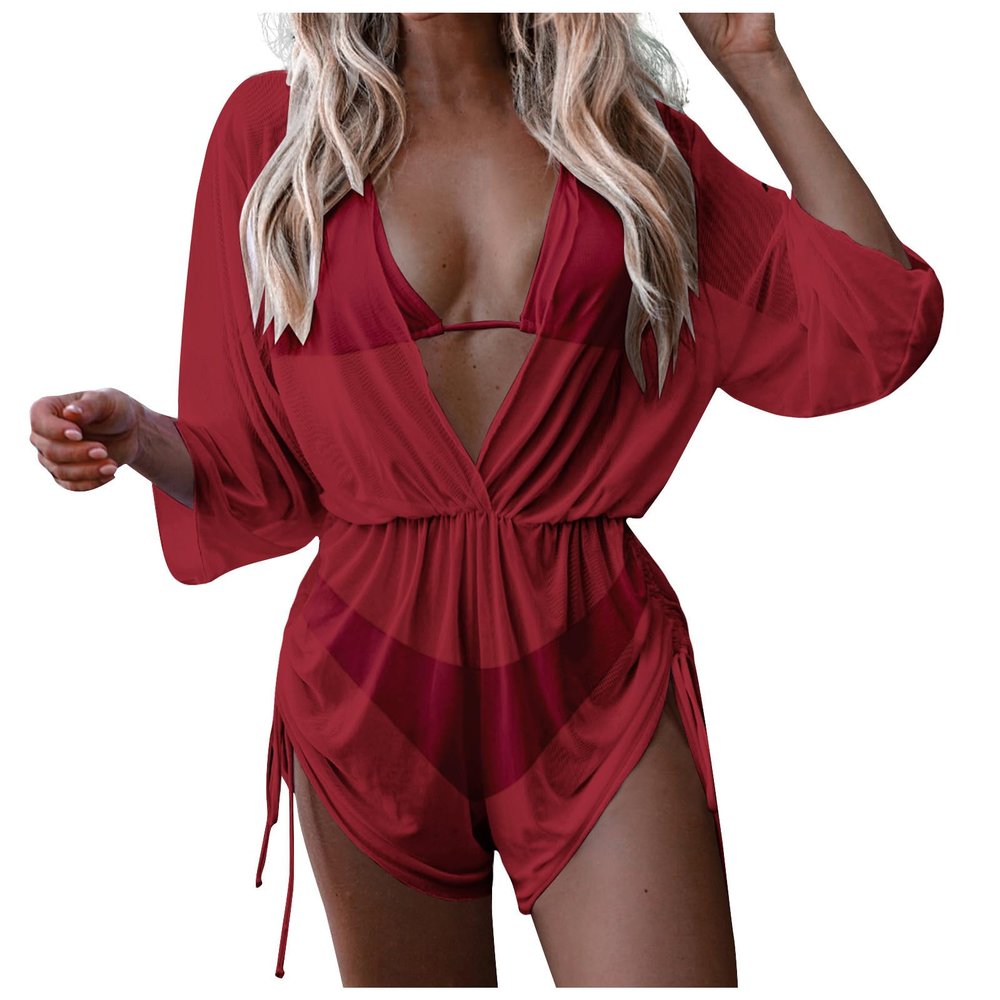 3 Piece Swimsuits for Women,2024 Summer Sexy Halter Lace Up Two Piece Triangle Bikini Set,Trendy Drawstring Sheer Mesh Long Sleeve Short Cover Up Romper Bathing Suit Beach Outfits(Deep Red,X-Large)