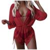 3 Piece Swimsuits for Women,2024 Summer Sexy Halter Lace Up Two Piece Triangle Bikini Set,Trendy Drawstring Sheer Mesh Long Sleeve Short Cover Up Romper Bathing Suit Beach Outfits(Deep Red,X-Large) view 1