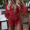 3 Piece Swimsuits for Women,2024 Summer Sexy Halter Lace Up Two Piece Triangle Bikini Set,Trendy Drawstring Sheer Mesh Long Sleeve Short Cover Up Romper Bathing Suit Beach Outfits(Deep Red,X-Large) view 2