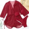 3 Piece Swimsuits for Women,2024 Summer Sexy Halter Lace Up Two Piece Triangle Bikini Set,Trendy Drawstring Sheer Mesh Long Sleeve Short Cover Up Romper Bathing Suit Beach Outfits(Deep Red,X-Large) view 3