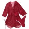 3 Piece Swimsuits for Women,2024 Summer Sexy Halter Lace Up Two Piece Triangle Bikini Set,Trendy Drawstring Sheer Mesh Long Sleeve Short Cover Up Romper Bathing Suit Beach Outfits(Deep Red,X-Large) view 4