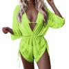 3 Piece Swimsuits for Women,2024 Summer Sexy Halter Lace Up Two Piece Triangle Bikini Set,Trendy Drawstring Sheer Mesh Long Sleeve Cover Up Romper Bathing Suit Beach Outfits(Fluorescent Green,L) view 1