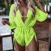3 Piece Swimsuits for Women,2024 Summer Sexy Halter Lace Up Two Piece Triangle Bikini Set,Trendy Drawstring Sheer Mesh Long Sleeve Cover Up Romper Bathing Suit Beach Outfits(Fluorescent Green,L) view 2