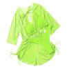 3 Piece Swimsuits for Women,2024 Summer Sexy Halter Lace Up Two Piece Triangle Bikini Set,Trendy Drawstring Sheer Mesh Long Sleeve Cover Up Romper Bathing Suit Beach Outfits(Fluorescent Green,L) view 4