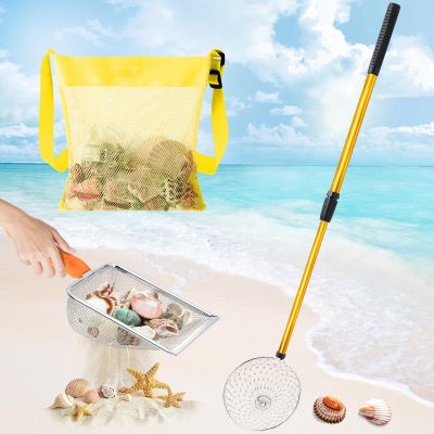 Liliful 3 Pcs Shelling Tools for Beach 28" Shark Tooth Sifter Long Handle Beach Sand Sifter Mesh Shovel with Seashell Bags Detachable Shell Scooper for Familys(Yellow)