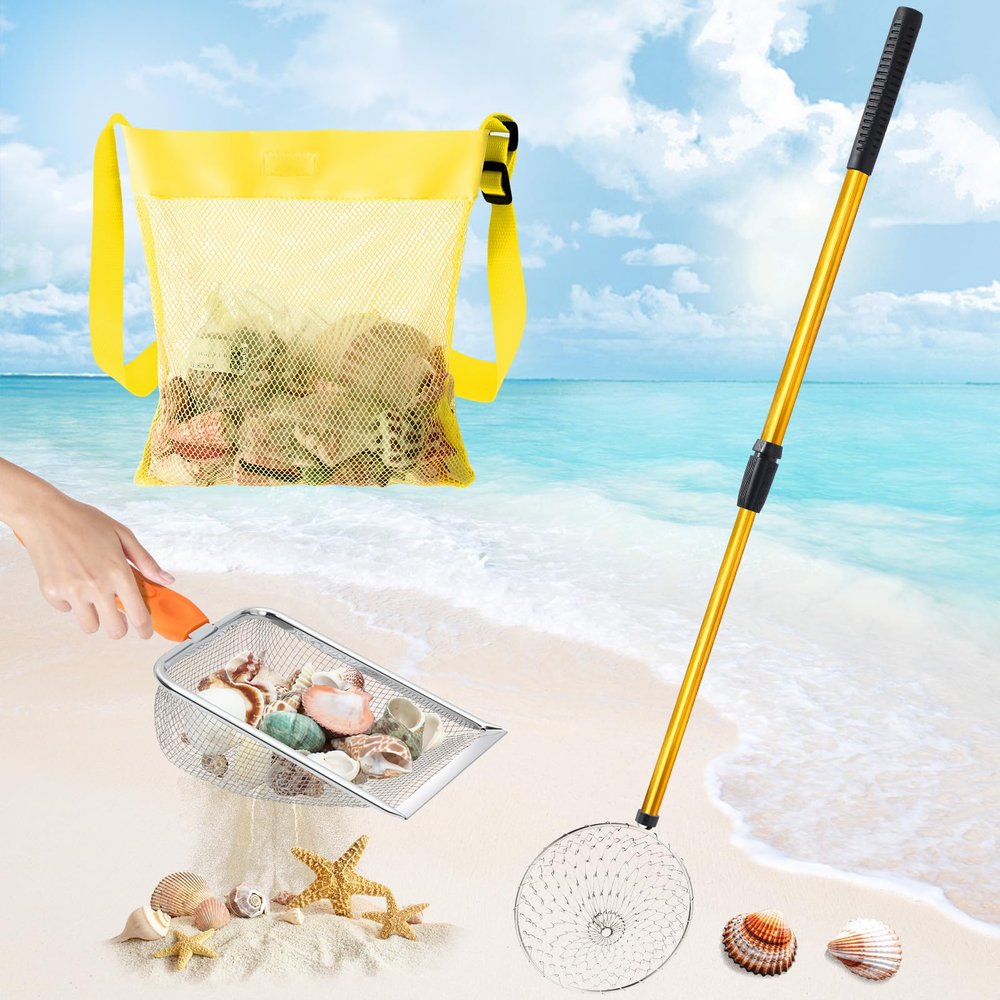 Liliful 3 Pcs Shelling Tools for Beach 28" Shark Tooth Sifter Long Handle Beach Sand Sifter Mesh Shovel with Seashell Bags Detachable Shell Scooper for Familys(Yellow)