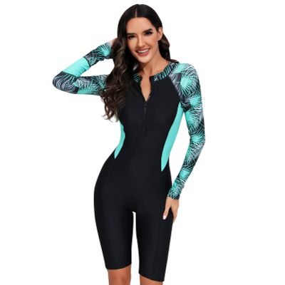 ODASDO Women's Boyleg Unitard Swimsuits Athletic One Piece Bathing Suits Knee Length Bodysuits Zip Front Rash Guard UPF 50+ Long Sleeve Sports Conservative Swimwear Surfing Beachwear Blue XL