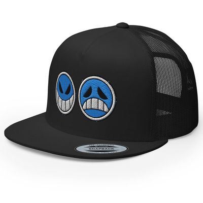 RIVEMUG Porgas D Ace Flat Bill Trucker Hat High Crown Adjustable Cap Black