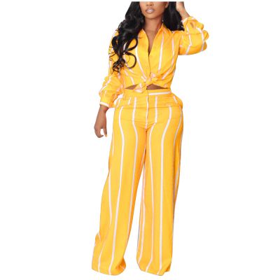Lmdudan Women Casual Two Piece Outfits Striped Long Sleeve Collar Button Down Shirt High Waist Wide Leg Pants Sets Streetwear Yellow