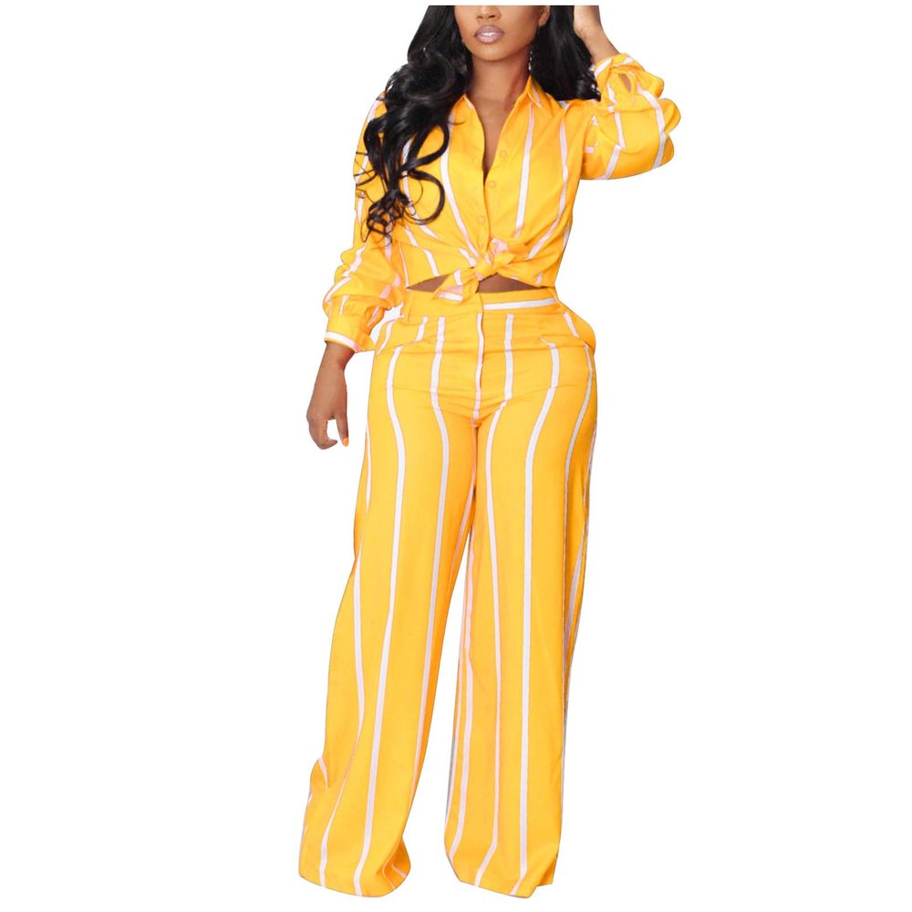 Lmdudan Women Casual Two Piece Outfits Striped Long Sleeve Collar Button Down Shirt High Waist Wide Leg Pants Sets Streetwear Yellow