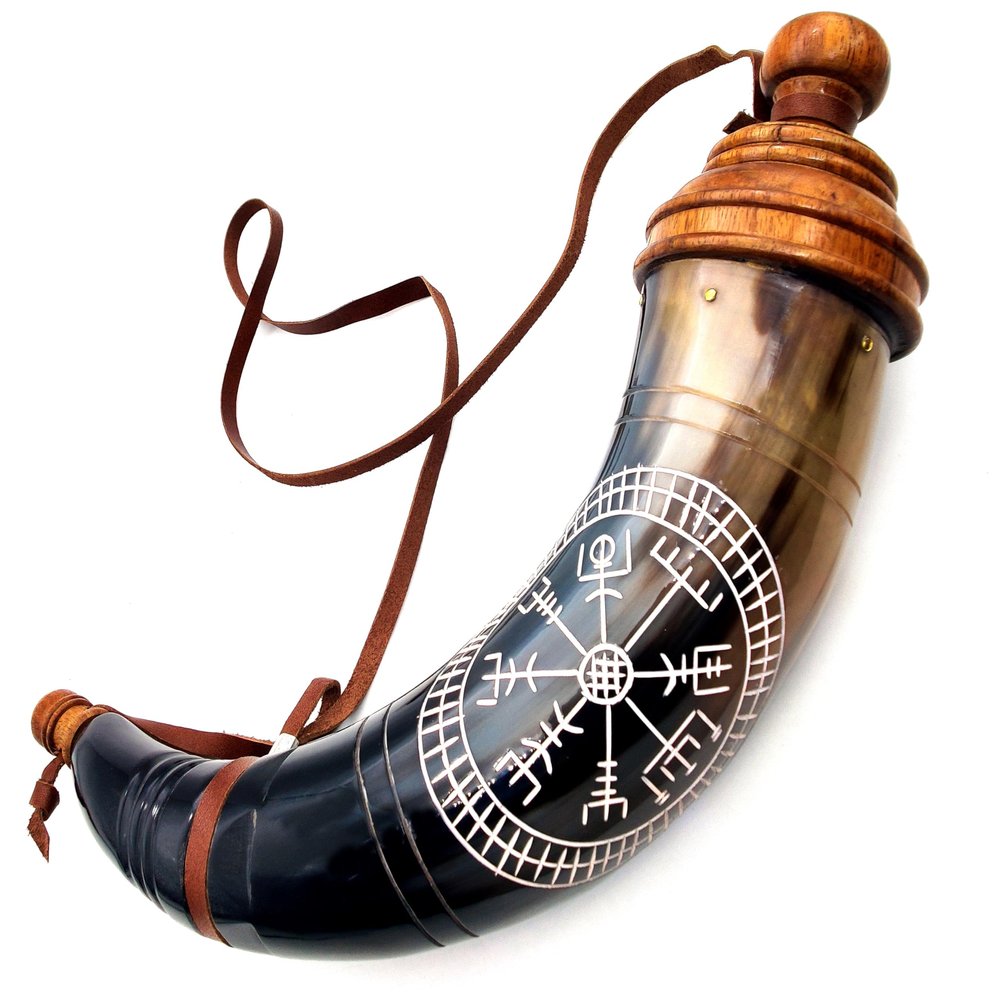 Gun Powder Horn with Leather Strap, Viking Horn Compass Engraved, with Leather Strap - 12 to14 Inches Civil War Horn Re-Enactment - Hand Carved Black Powder Battle Horn for Mountain Man