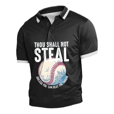 ZYXTIM Men's Short Sleeve Baseball Tee Shirt Funny Printed Button Up Lapel Polo Henley Shirts Plus Size Muscle Fit Sport Tee(Black,3X-Large)