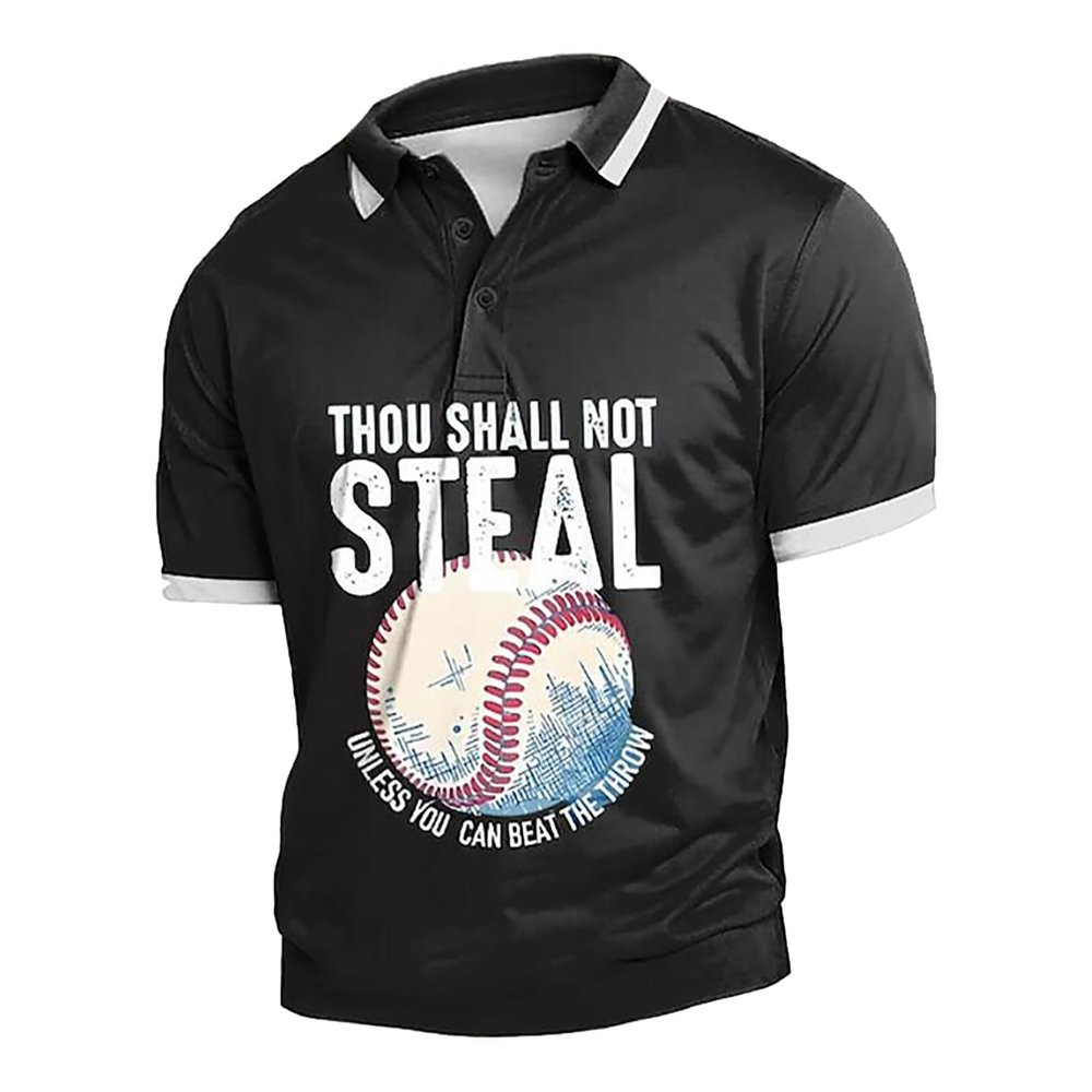 ZYXTIM Men's Short Sleeve Baseball Tee Shirt Funny Printed Button Up Lapel Polo Henley Shirts Plus Size Muscle Fit Sport Tee(Black,3X-Large)