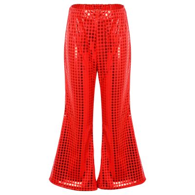 FEESHOW Toddler Baby High Waist Bell Bottoms Casual Outfits Girls Kids Denim Flared Pants Ruffled Wide Leg Trouser Red M 7-8 Years