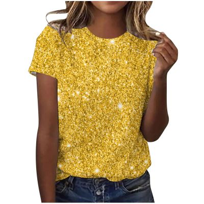 Women Sparkly Graphic Print Tops Tie Dye Tee Shirt Loose Short Sleeve Crewneck Tshirt Basic Casual Color Block Blouse