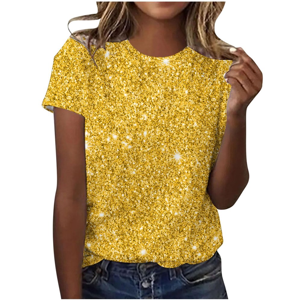 Women Sparkly Graphic Print Tops Tie Dye Tee Shirt Loose Short Sleeve Crewneck Tshirt Basic Casual Color Block Blouse