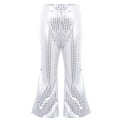 FEESHOW Toddler Baby High Waist Bell Bottoms Casual Outfits Girls Kids Denim Flared Pants Ruffled Wide Leg Trouser Silver M 11-12 Years