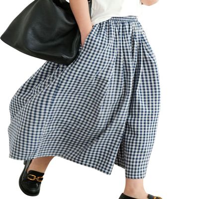 Leyoutx Women's Cotton Linen Wide Leg Culottes Pants Elastic Waist Plaid Gingham Capri Palazzo Pants (Small, Blue)