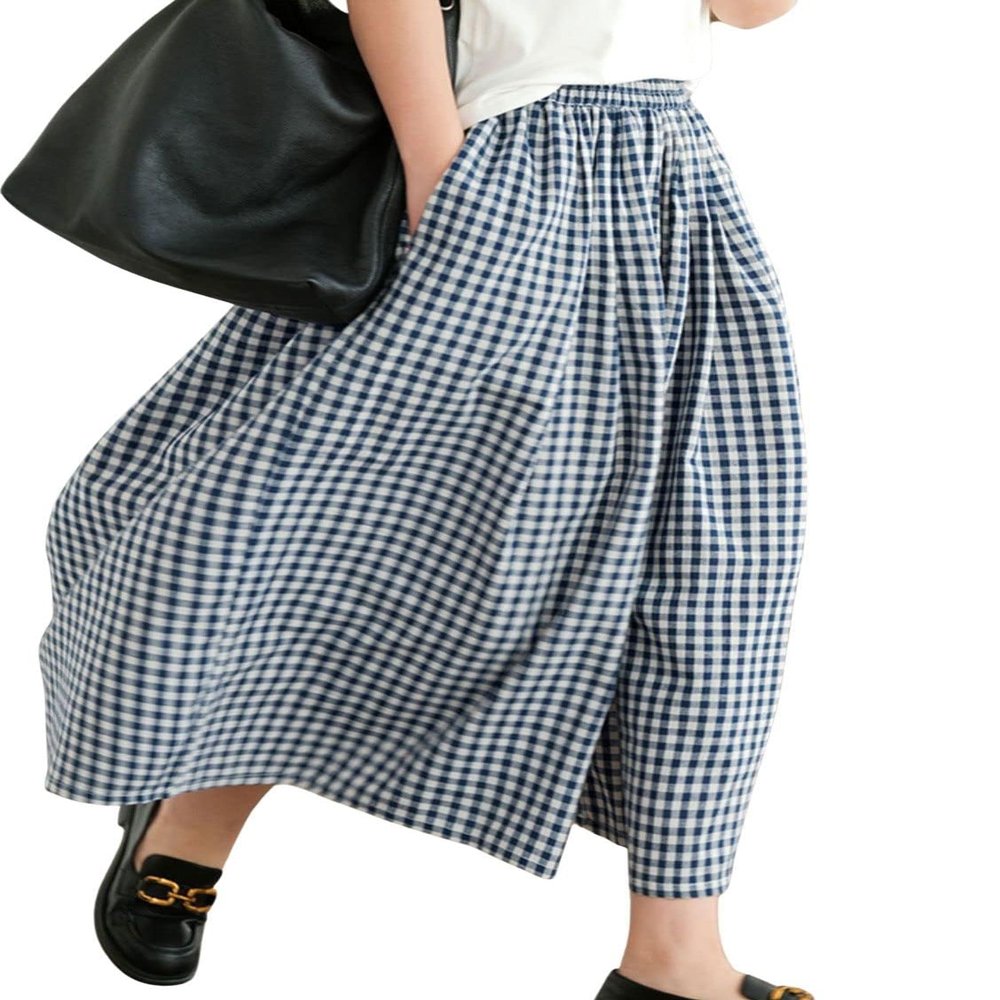 Leyoutx Women's Cotton Linen Wide Leg Culottes Pants Elastic Waist Plaid Gingham Capri Palazzo Pants (Small, Blue)