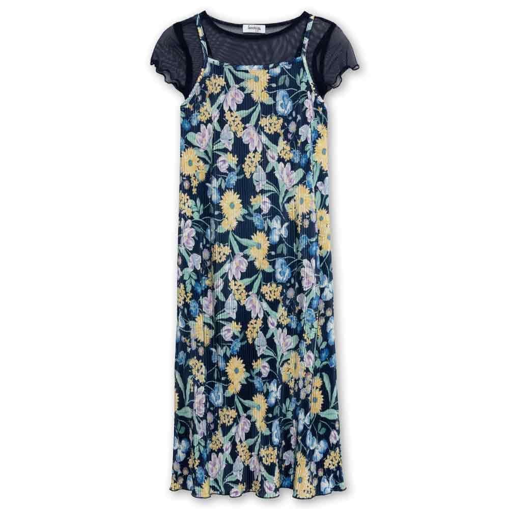 Speechless Girls' Short Sleeve Tee and Maxi Pleated Dress, Navy/Yellow, 7