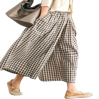 Leyoutx Women's Cotton Linen Wide Leg Culottes Pants Elastic Waist Plaid Gingham Capri Palazzo Pants (X-Small, Coffee Brown)