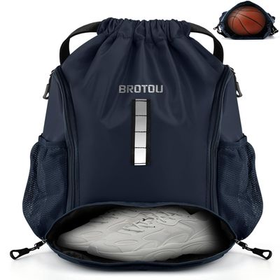 BROTOU Soccer Drawstring Backpack, Basketball Bag, Volleyball Football Bags with Ball and Shoe Compartment (Style 1, Navy Blue)
