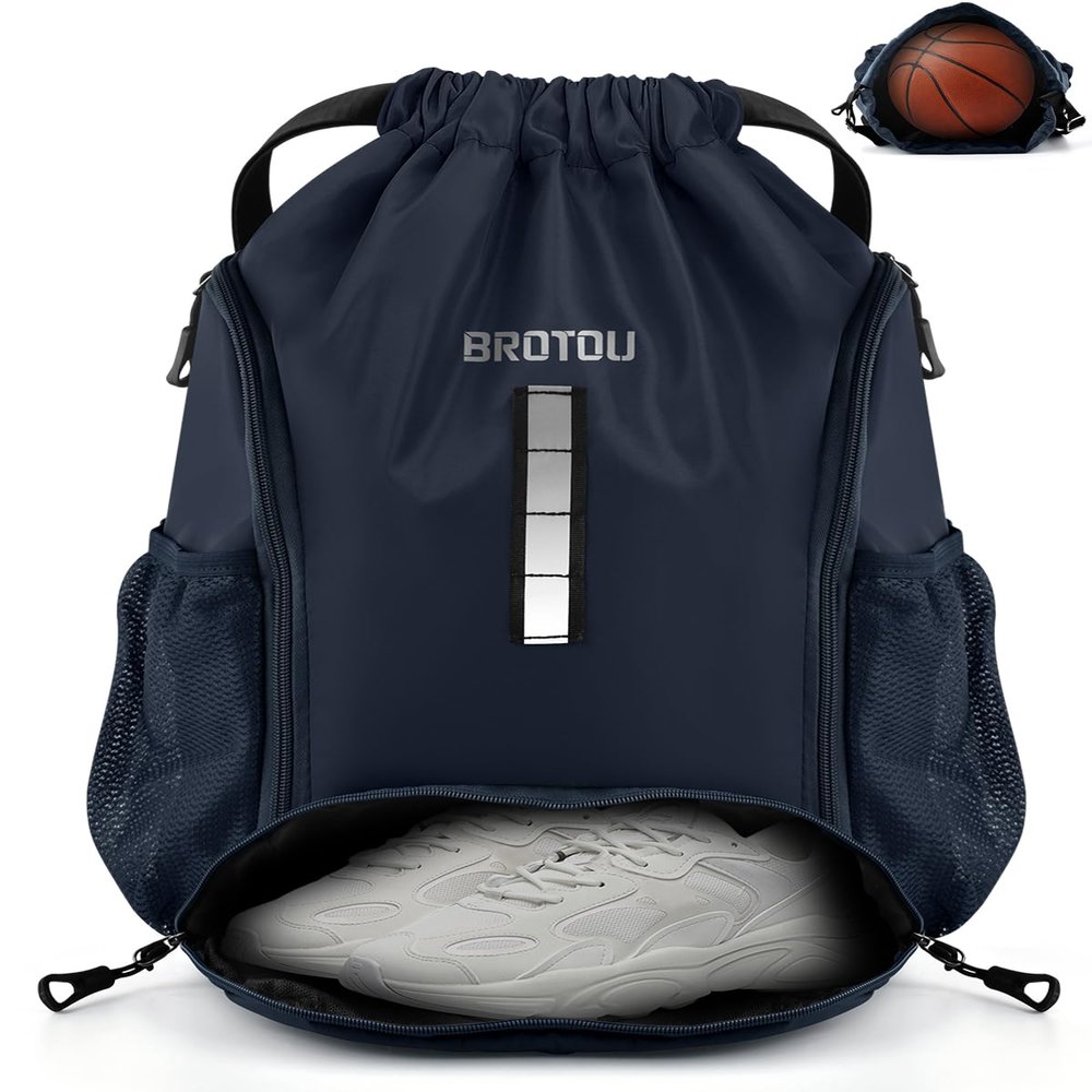 BROTOU Soccer Drawstring Backpack, Basketball Bag, Volleyball Football Bags with Ball and Shoe Compartment (Style 1, Navy Blue)