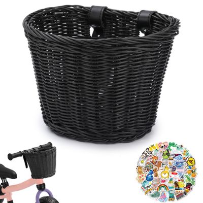 Bike Basket Woven Bike Basket for Adult Bikes Front/Kids Bike Handlebar with Adjustable Leather StrapsBlack