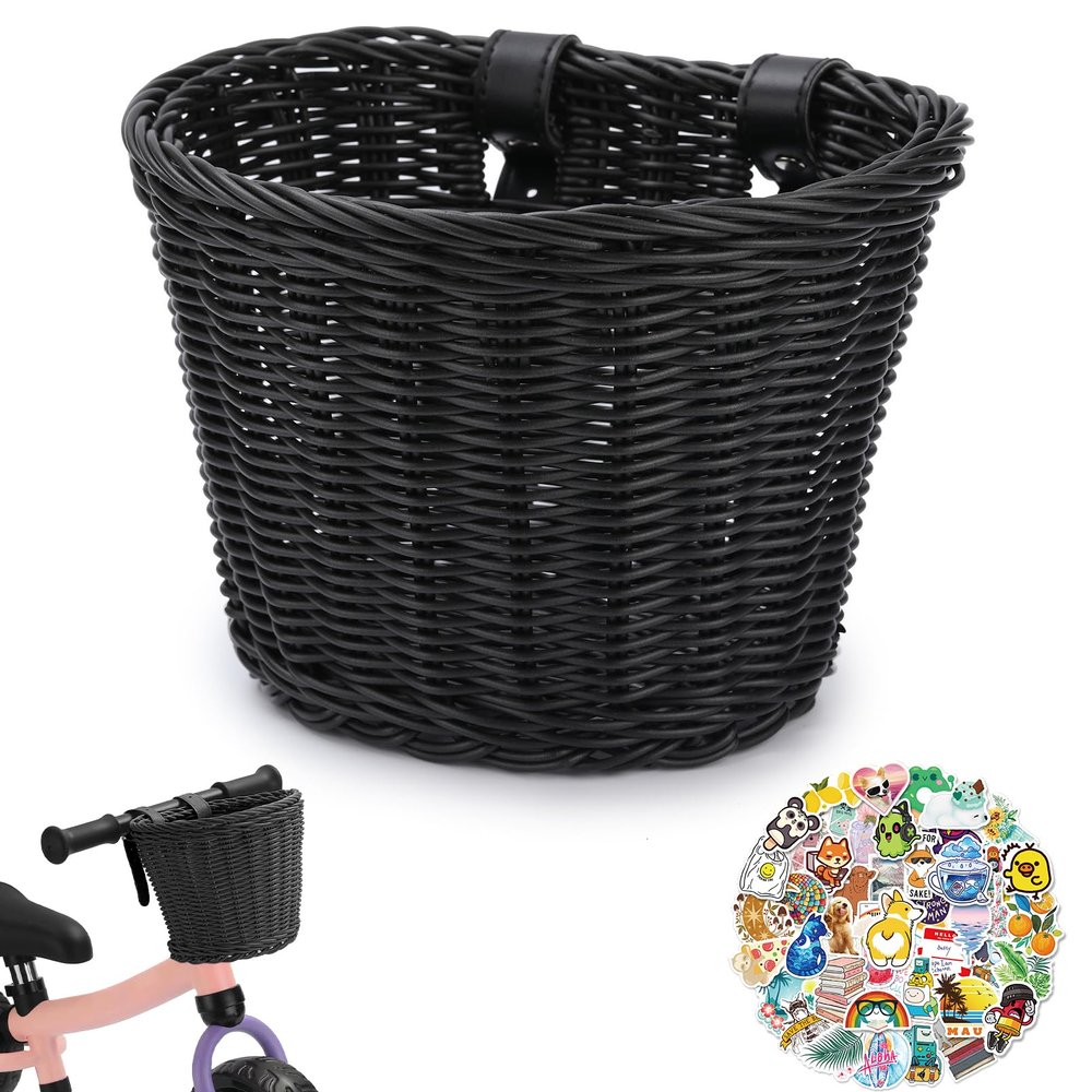 Bike Basket Woven Bike Basket for Adult Bikes Front/Kids Bike Handlebar with Adjustable Leather StrapsBlack