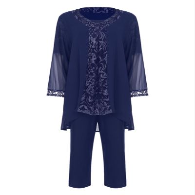 YOOJIA Women's Chiffon Lace 3 Pieces Pants Suits Mother of Bride Dress Sets Wedding Guest Outfit Evening Gowns Y Navy Blue X-Large