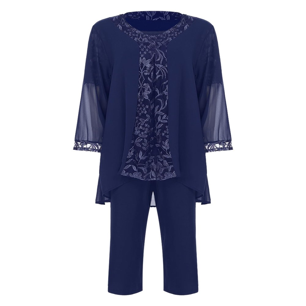 YOOJIA Women's Chiffon Lace 3 Pieces Pants Suits Mother of Bride Dress Sets Wedding Guest Outfit Evening Gowns Y Navy Blue X-Large