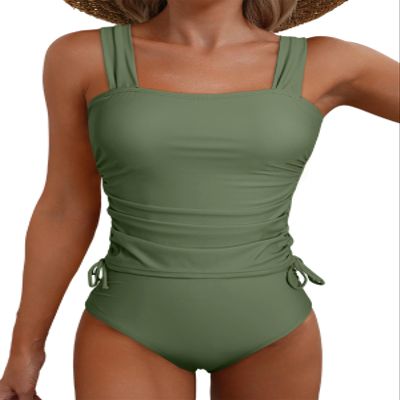 Aleumdr Women's Two Piece Ruched Tankini Swimsuit Set Tommy Control Bathing Suit Side Drawstring Tank Top High Cut Bikini Bottom Swimwear Green Large