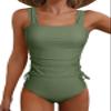 Aleumdr Women's Two Piece Ruched Tankini Swimsuit Set Tommy Control Bathing Suit Side Drawstring Tank Top High Cut Bikini Bottom Swimwear Green Large view 1